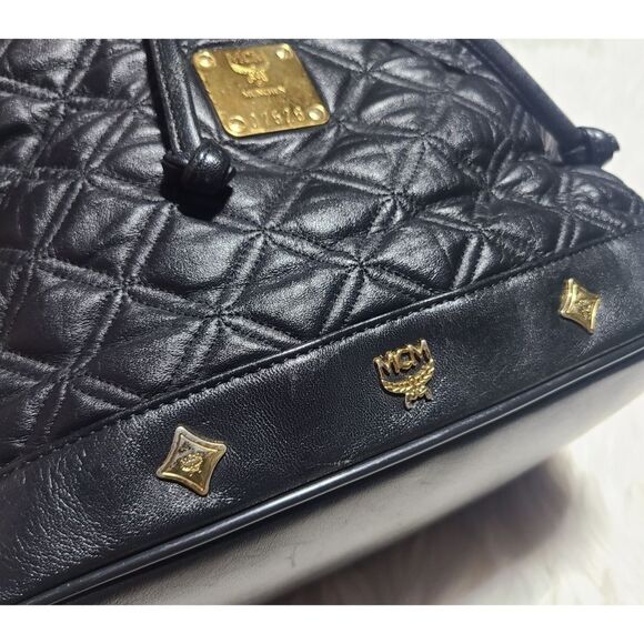 MCM|Vintage Black Leather Quilted Drawstring Bucket Bag - Picture 7 of 13